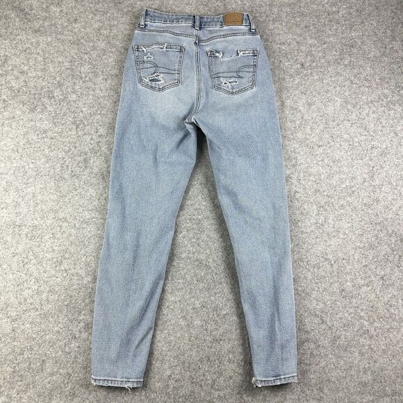 American Eagle Curvy Mom Jeans Womens 00R Med Wash Shark Bite Hem Stretch Denim - Picture 5 of 16